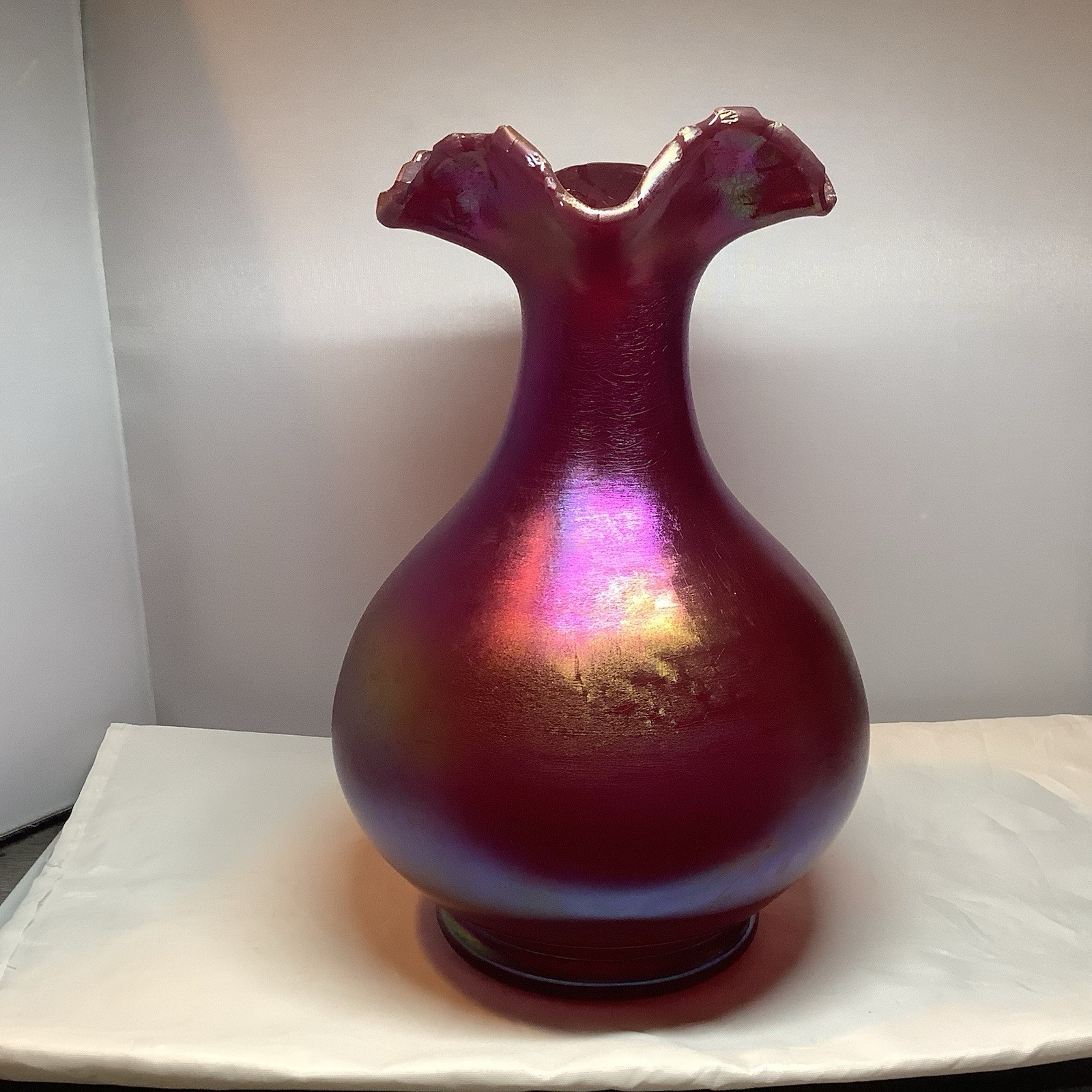 Red Iridescent Loetz Art Glass Hand Blown Vase 9 1/2  Inch Vase
