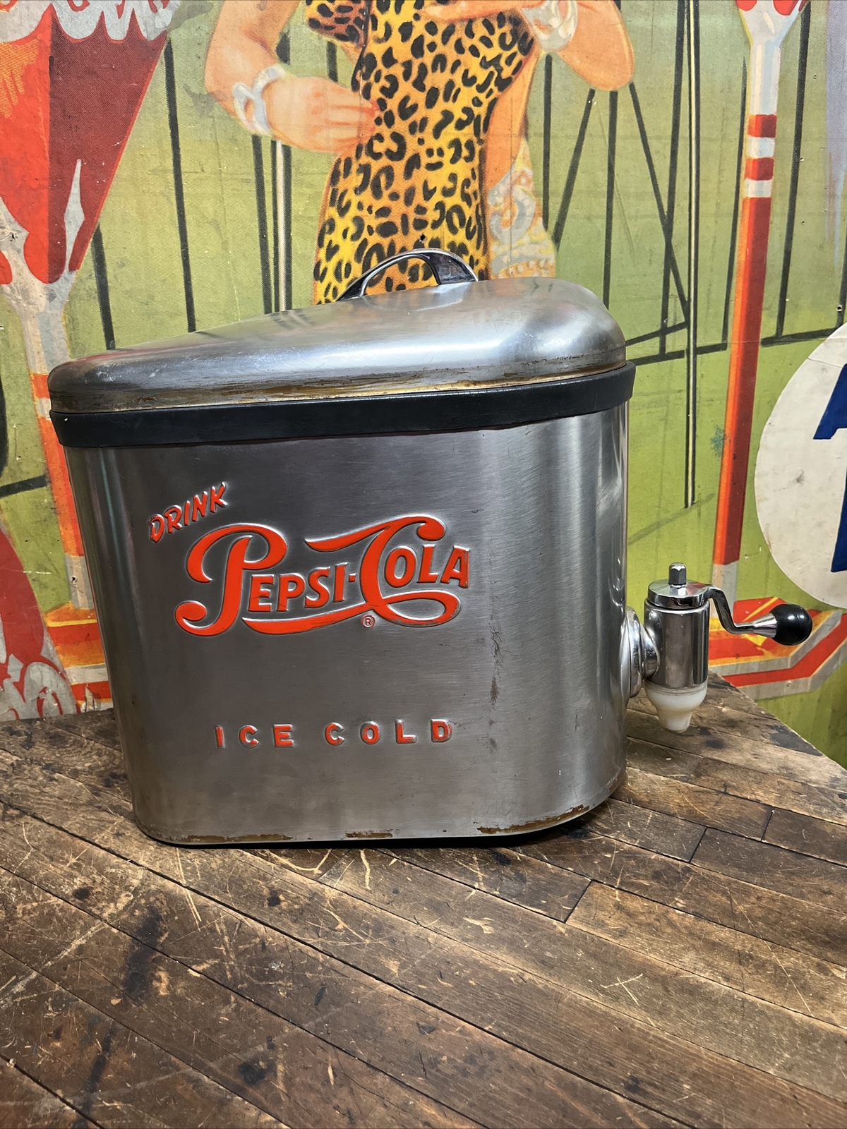 VINTAGE C. 1950 DRINK PEPSI COLA STAINLESS STEEL SODA DISPENSER SIGN COCA COLA