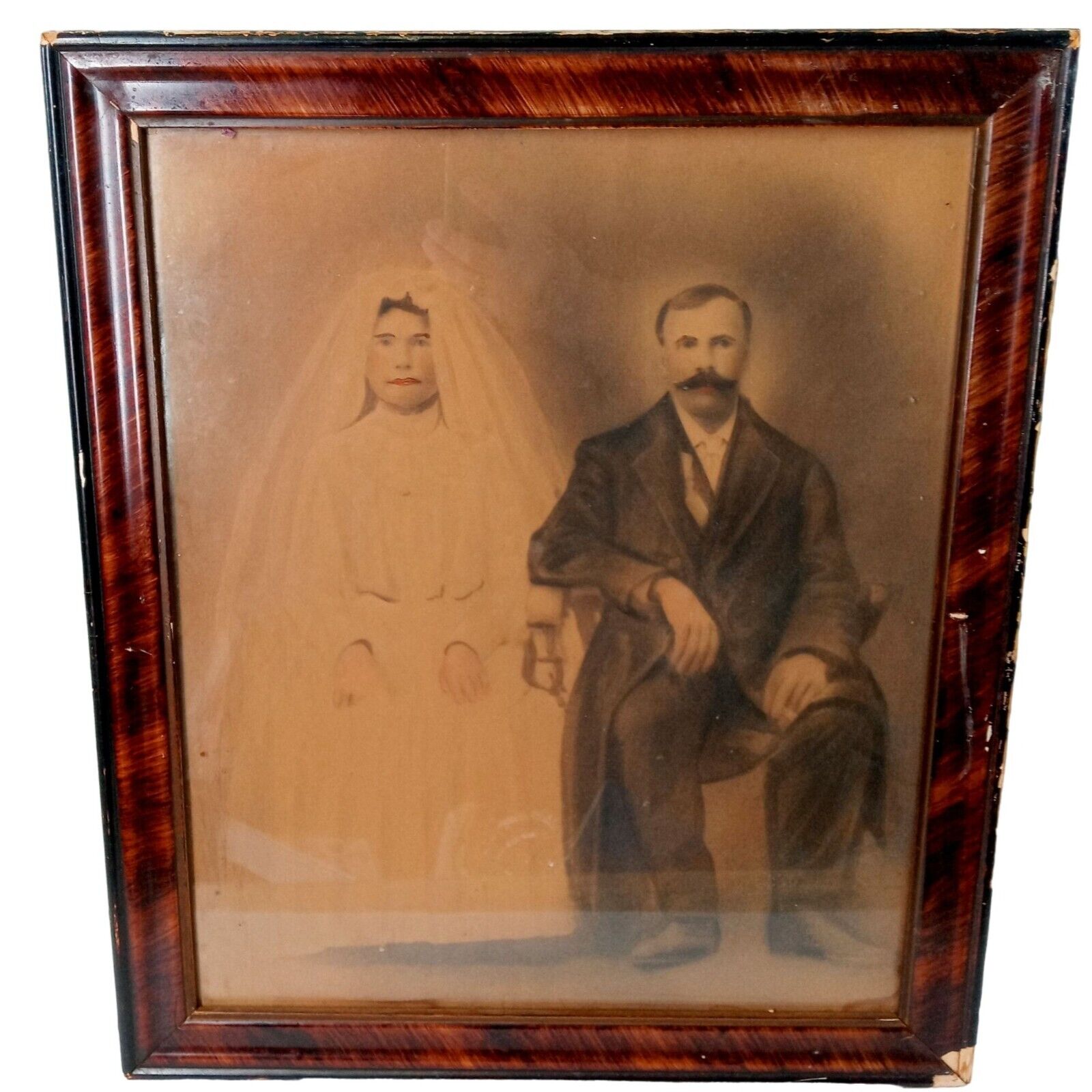 Antique Wedding Photo Framed Photograph Wall Art Decor Red Tinted Lips Vintage
