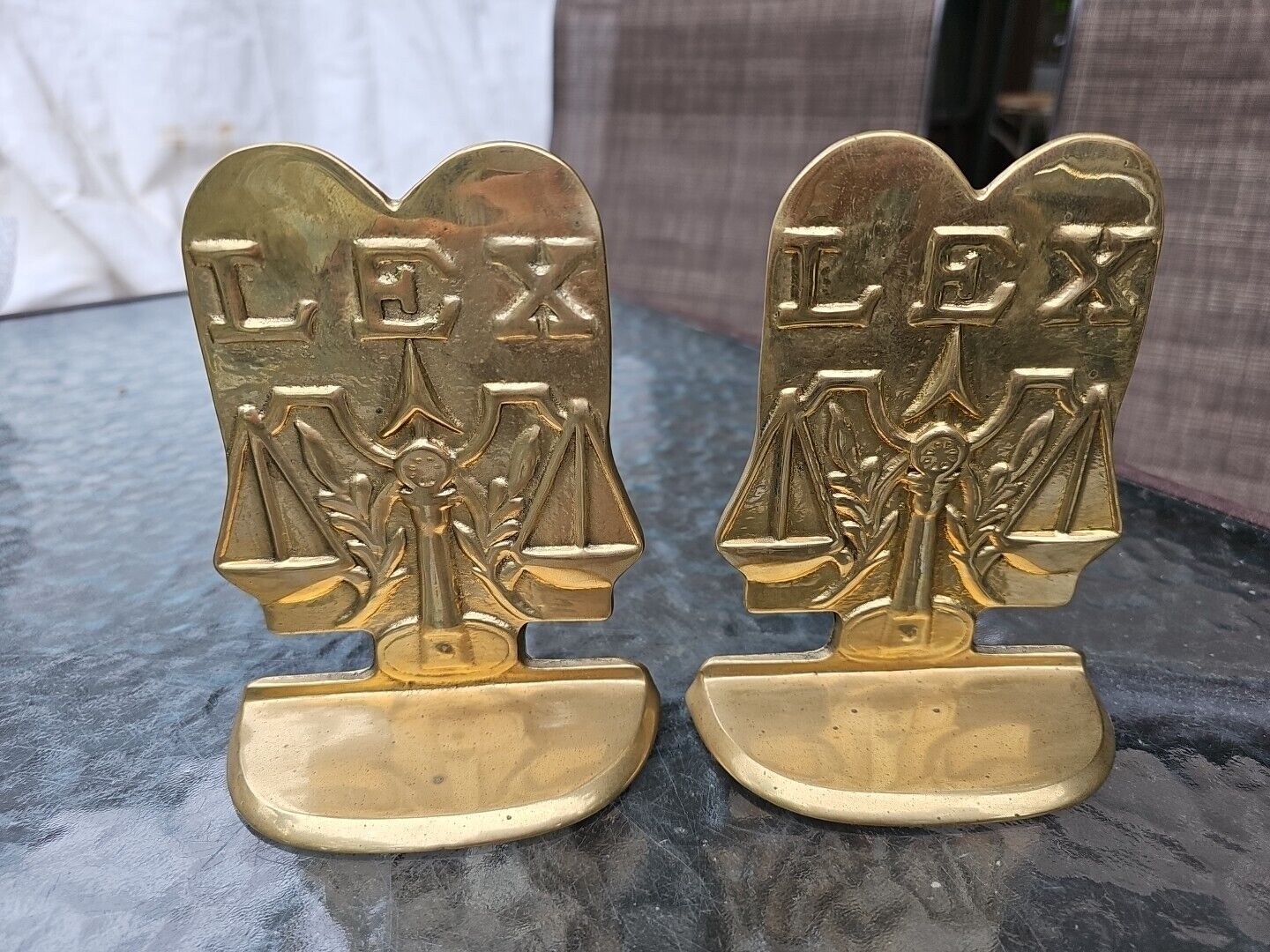 Pair of Vintage Solid Brass Book Ends LEX Scales of Justice Lawyer Legal Law