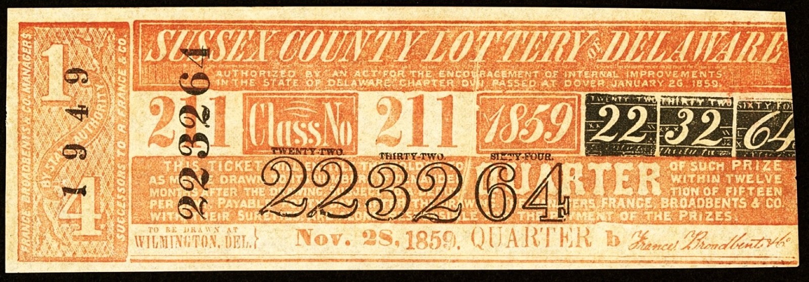 DE WILMINGTON Delaware Sussex County Lottery Quarter Ticket Nov. 28, 1859