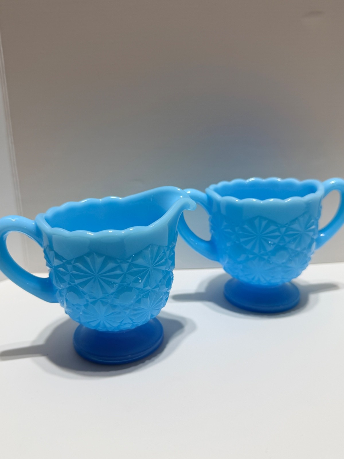 Vintage Blue Milk Glass Daisy Button Creamer Sugar Bowl set scalloped rim