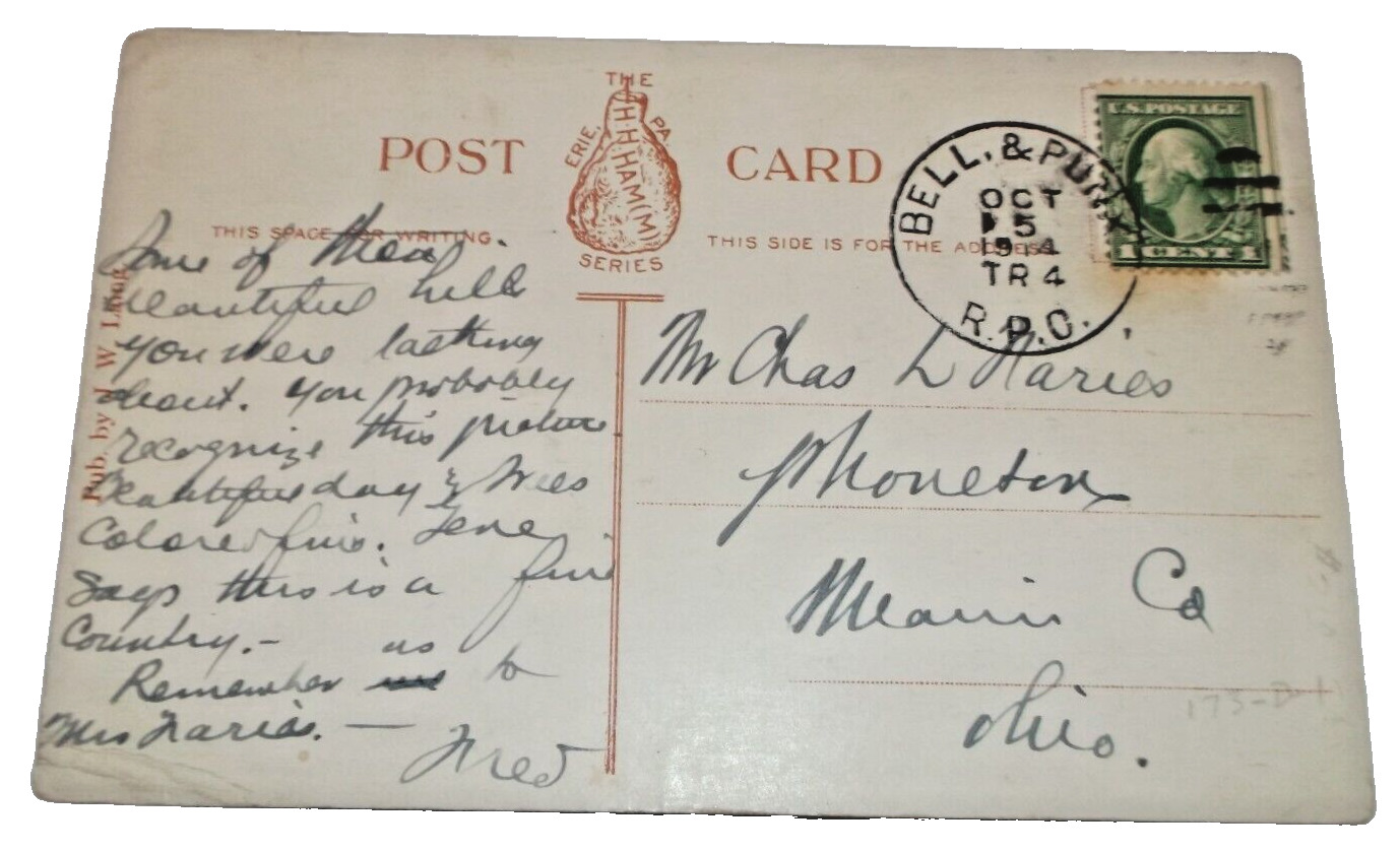 1914 PENNSYLVANIA & NORTH WESTERN PRR BELLWOOD & PUNXSUTAWNEY RPO POST CARD