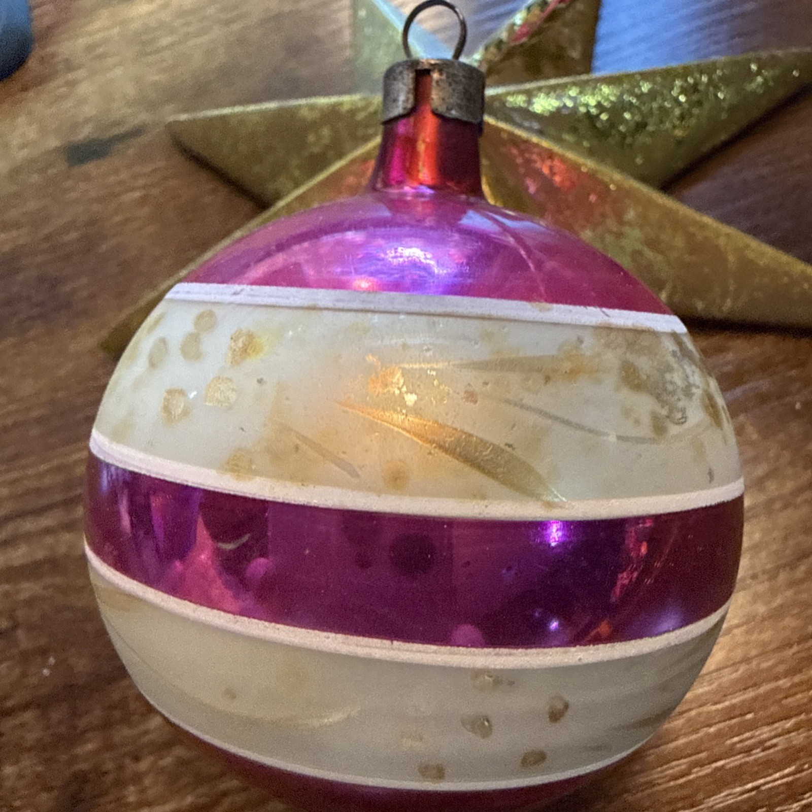 Vintage Poland Christmas Ball Ornament Blown Glass Vintage Pink Silver 3\