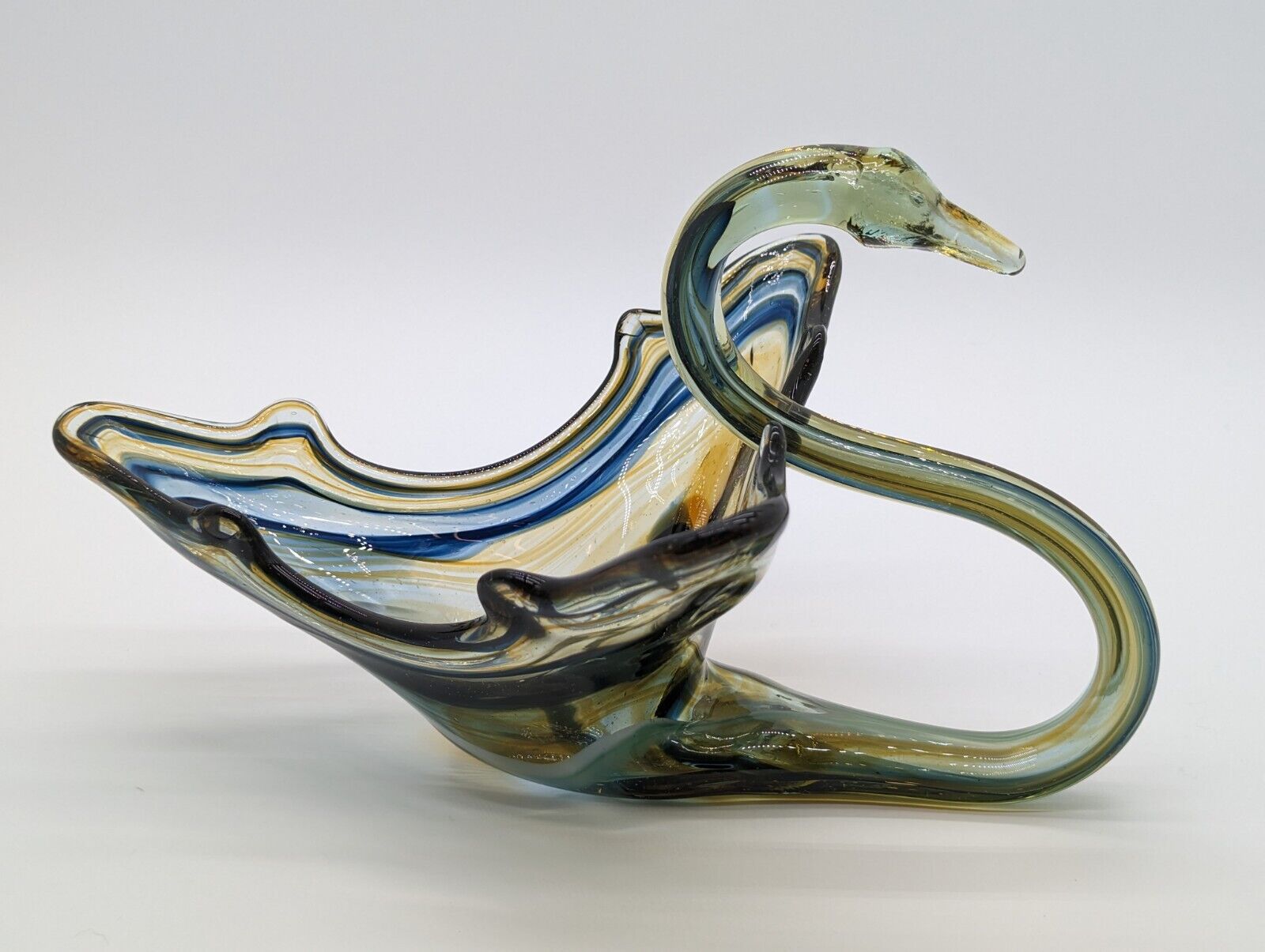 Art glass Swan Vintage Hand Blown Swirl Bowl Centerpiece green blue swirl  #3 😄