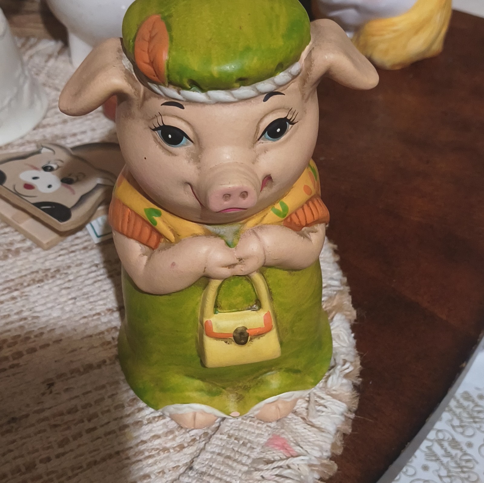 Lefton Ceramic Piggy Bank Hand Painted Pig with Green Hat Original