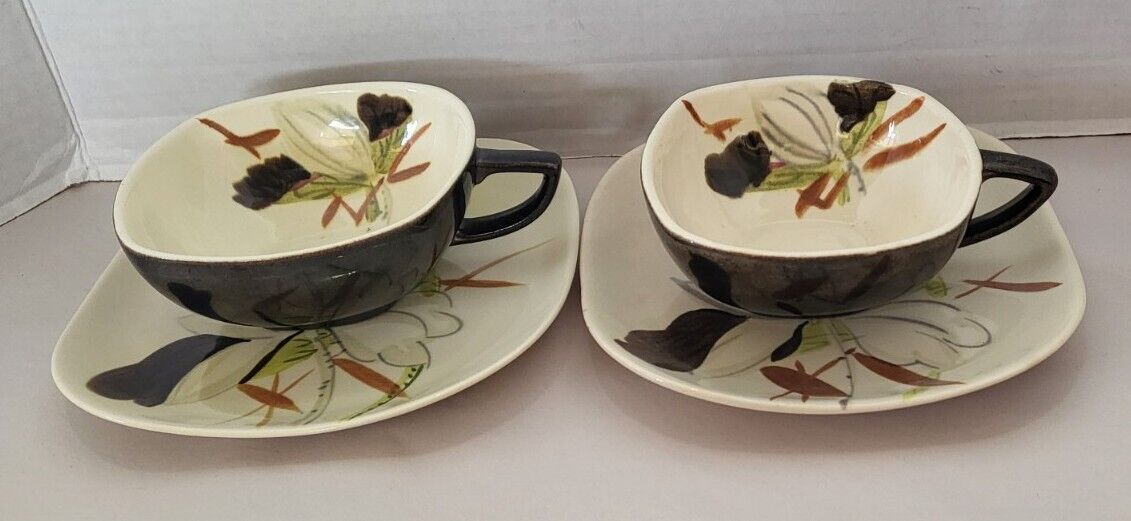 Vintage Red Wing Pottery MCM Lotus Bronze Set Of 2 Flat Cup And Saucer Set