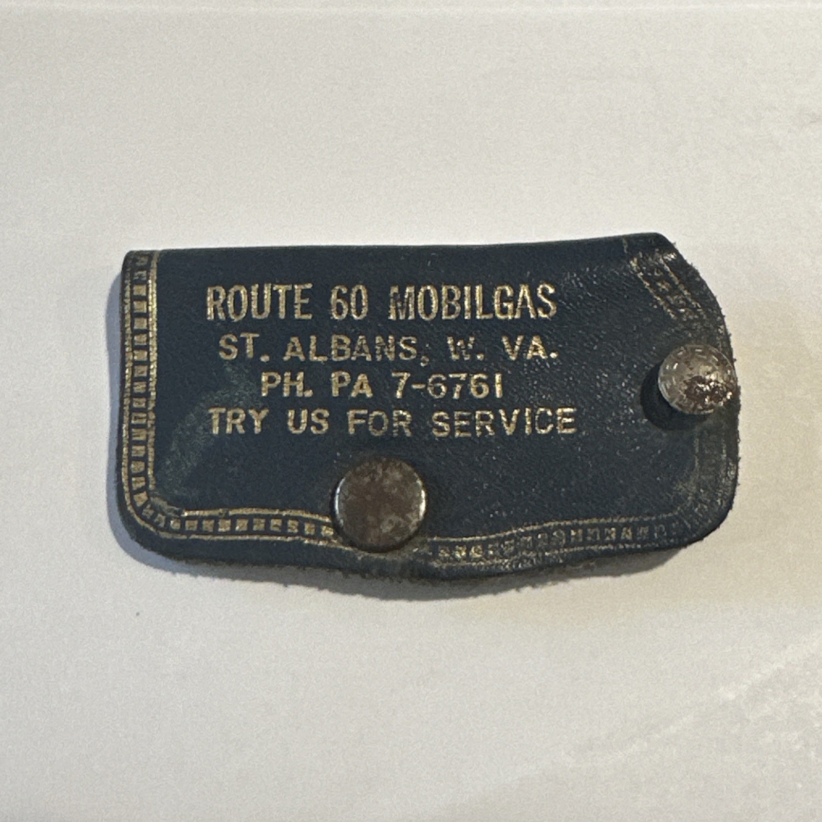 Vintage Route 60 Mobilgas Advertising Leather Keychain St. Albans WV Vintage Route 60 Mobilgas Advertising Leather Keychain St. Albans WV
