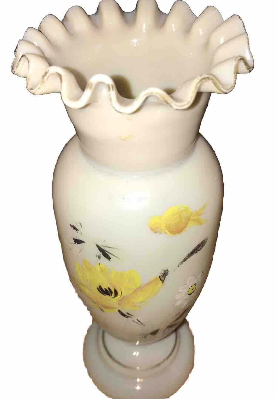 Antique Ruffled Hand Painted Hand Blown Rare Yellow Floral Print Glass Vase