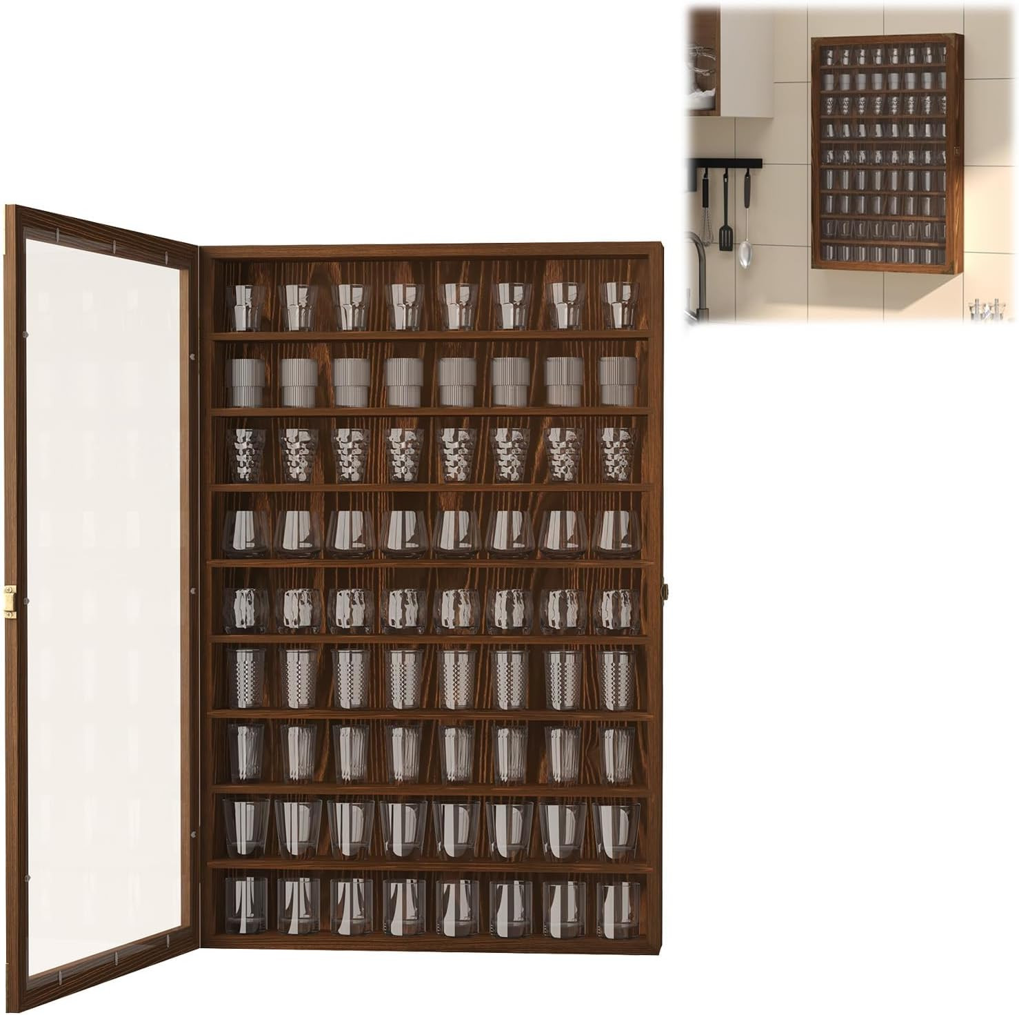 Large 72 Slot Wall Mounted Shot Glass Display Case with Acrylic Door Large 72 Slot Wall Mounted Shot Glass Display Case with Acrylic Door