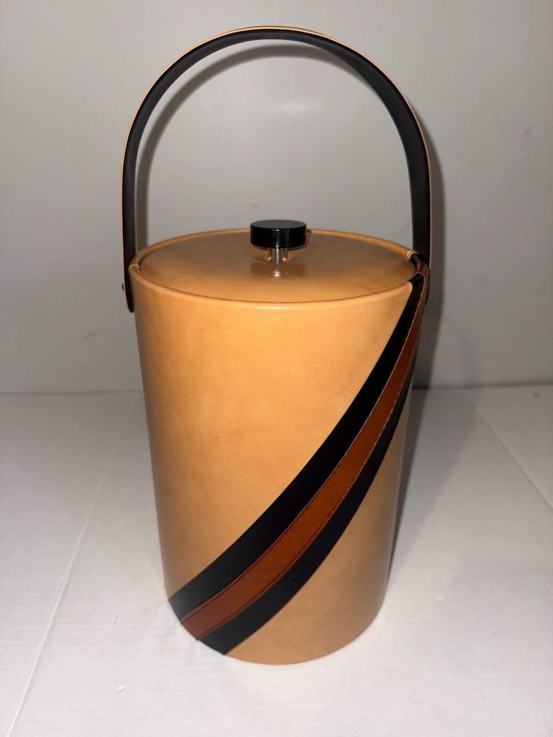 Vintage Georges Briard Mid-Century Modern Tan Vinyl Striped Ice Bucket Vintage Georges Briard Mid-Century Modern Tan Vinyl Striped Ice Bucket