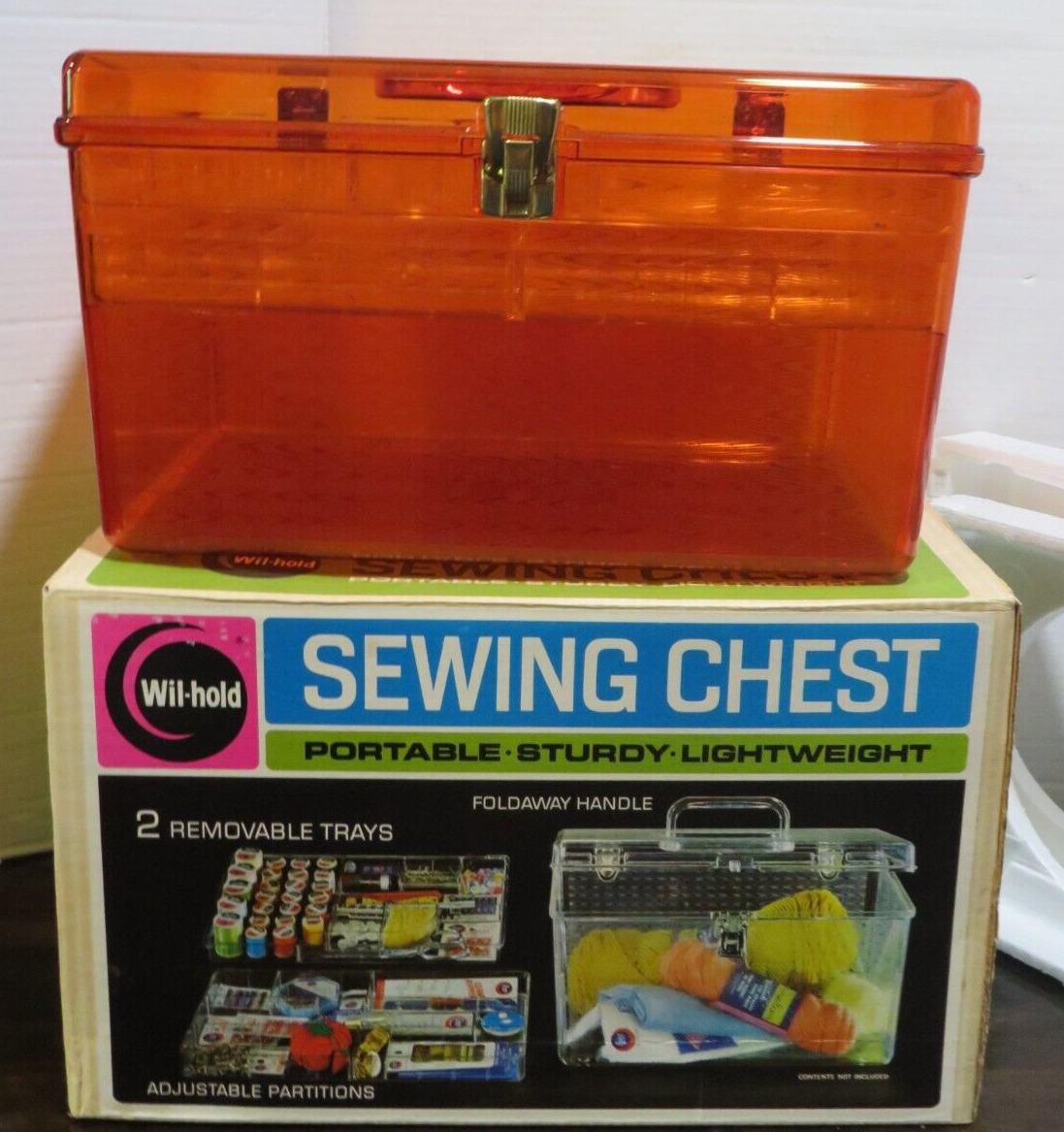 Vintage WIL-HOLD Wilson Plastic Amber Sewing Chest Box with Trays NEW IN BOX