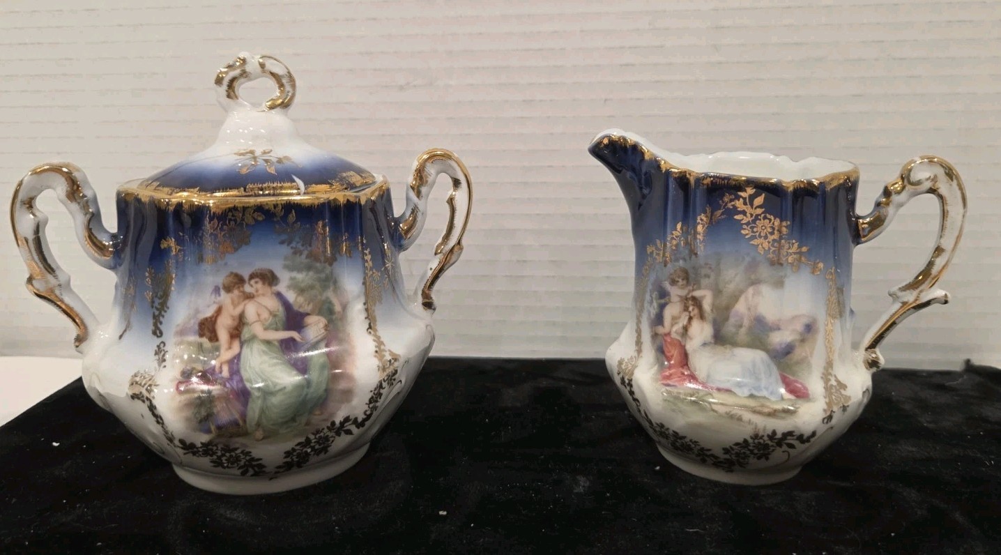 Royal Bavarian Sugar Bowl Creamer Set, PMB Germany - Porcelain Gold Trim