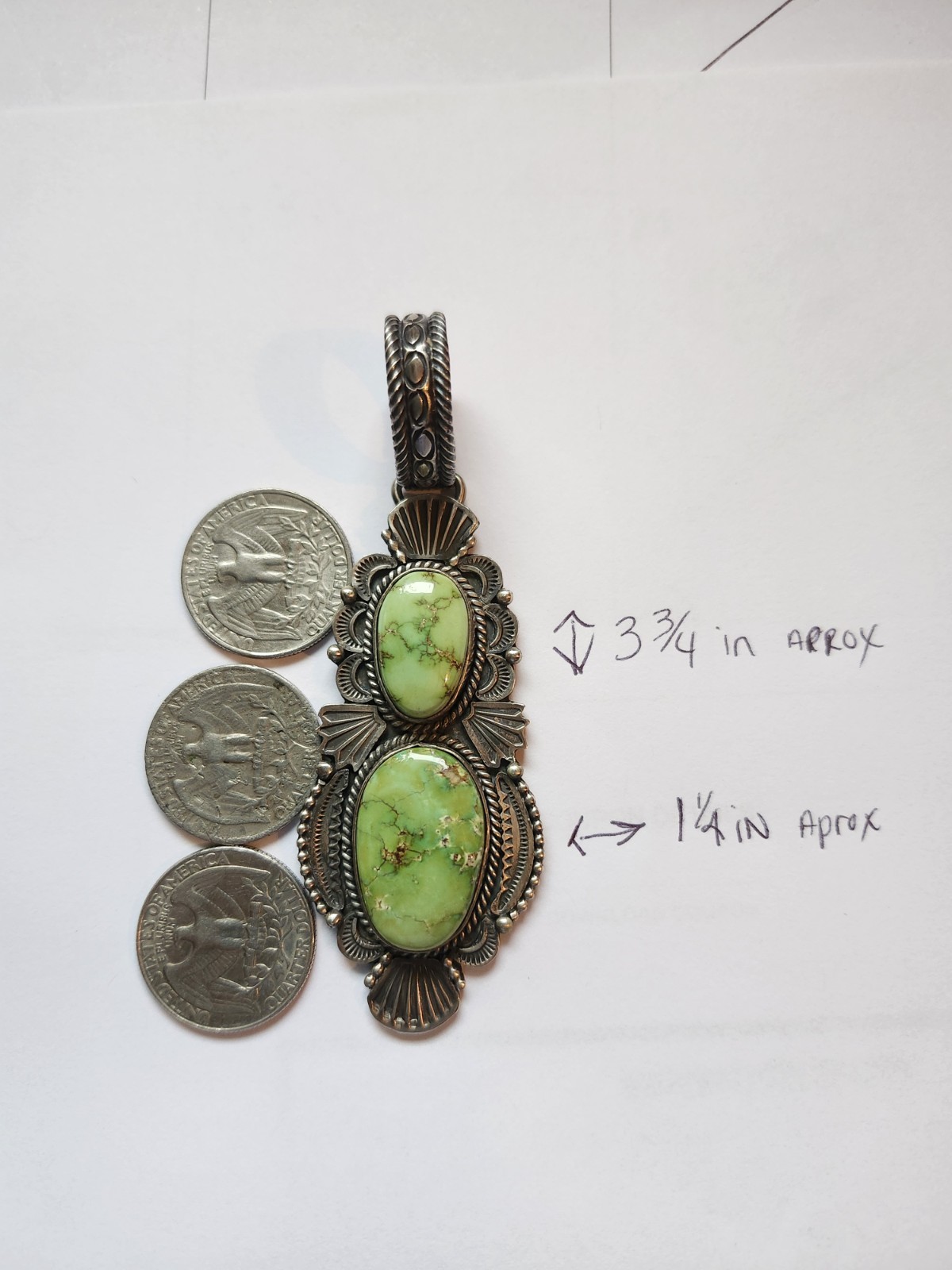 M&R Caladitto Navajo Sterling Silver Green Turquoise Pendant 3 3/4 x 1 1/4 in M&R Caladitto Navajo Sterling Silver Green Turquoise Pendant 3 3/4 x 1 1/4 in