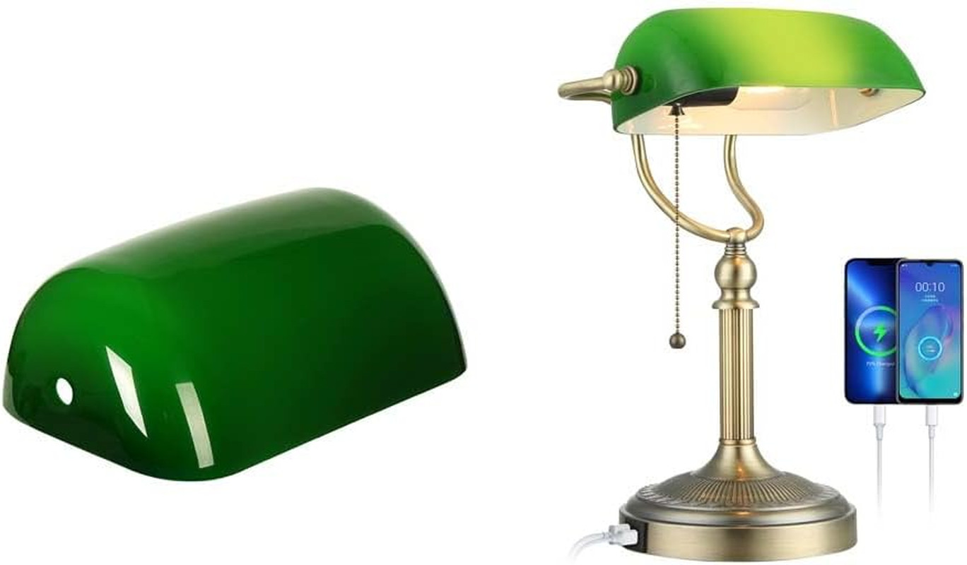Green Glass Bankers Replacement Lamp Shade & USB Fast Charging Port Bankers Green Glass Bankers Replacement Lamp Shade & USB Fast Charging Port Bankers