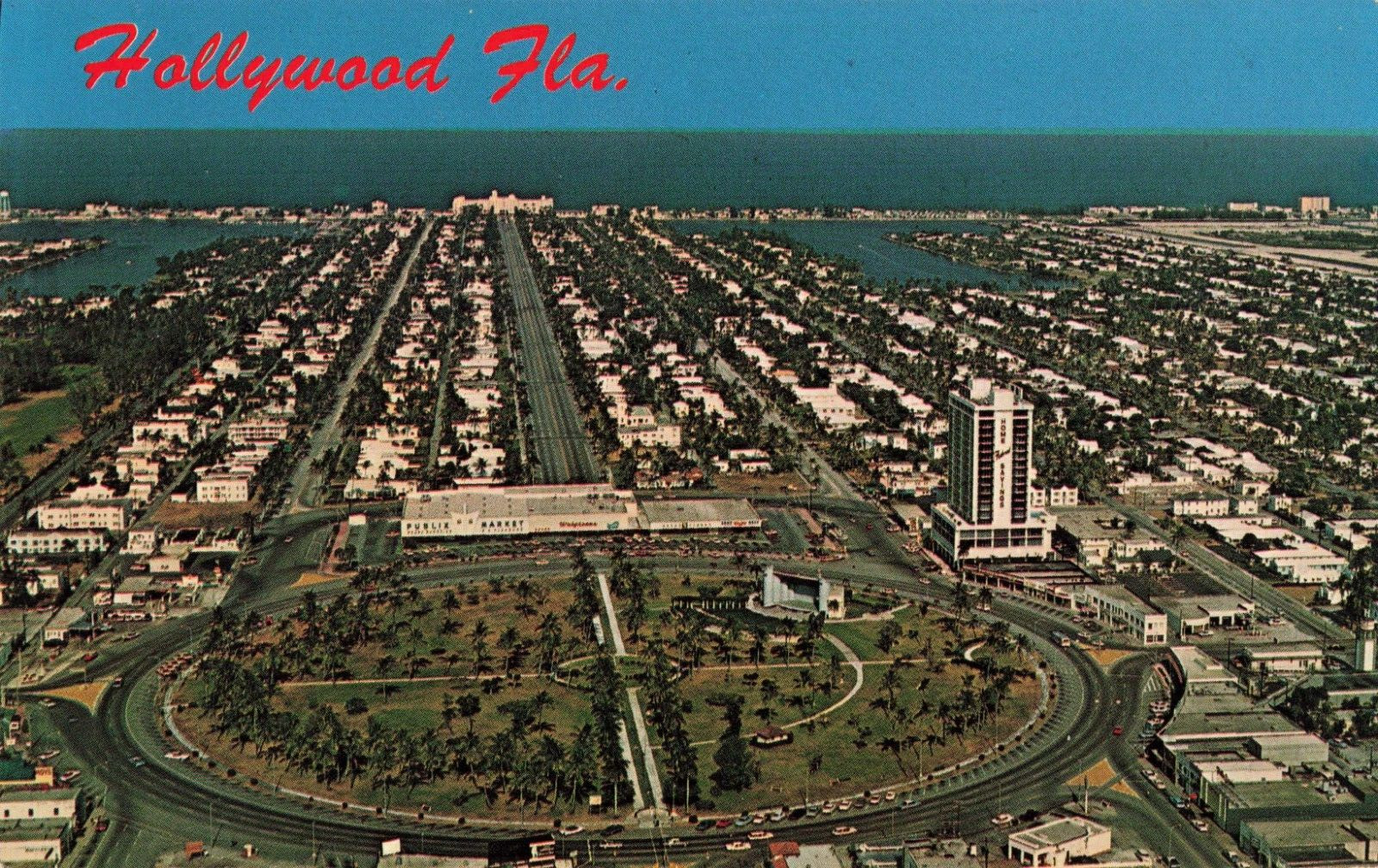 Hollywood FL Florida, Young Circle Hollywood Blvd Aerial View, Vintage Postcard