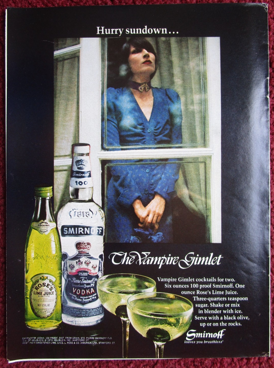 1972 SMIRNOFF VODKA Print Ad ~ VAMPIRE GIMLET Cocktail, Waiting for Sundown 1972 SMIRNOFF VODKA Print Ad ~ VAMPIRE GIMLET Cocktail, Waiting for Sundown