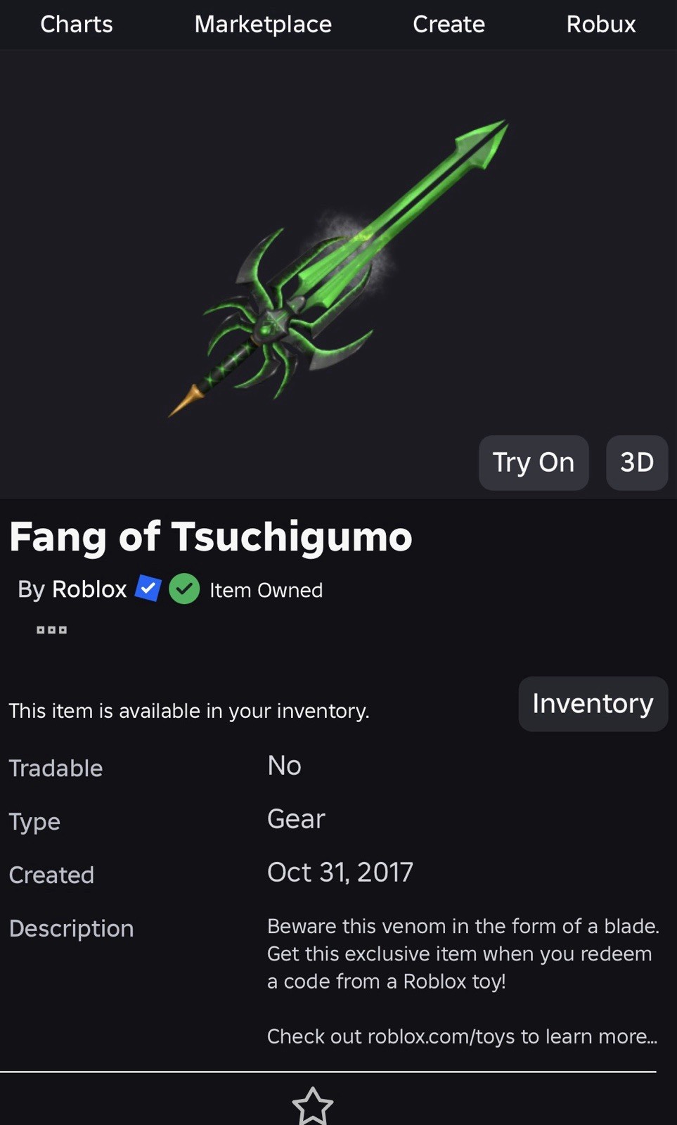 ROBLOX Fang of Tsuchigumo *RARE EFFECT ITEM* - CODE Sent Via Messages