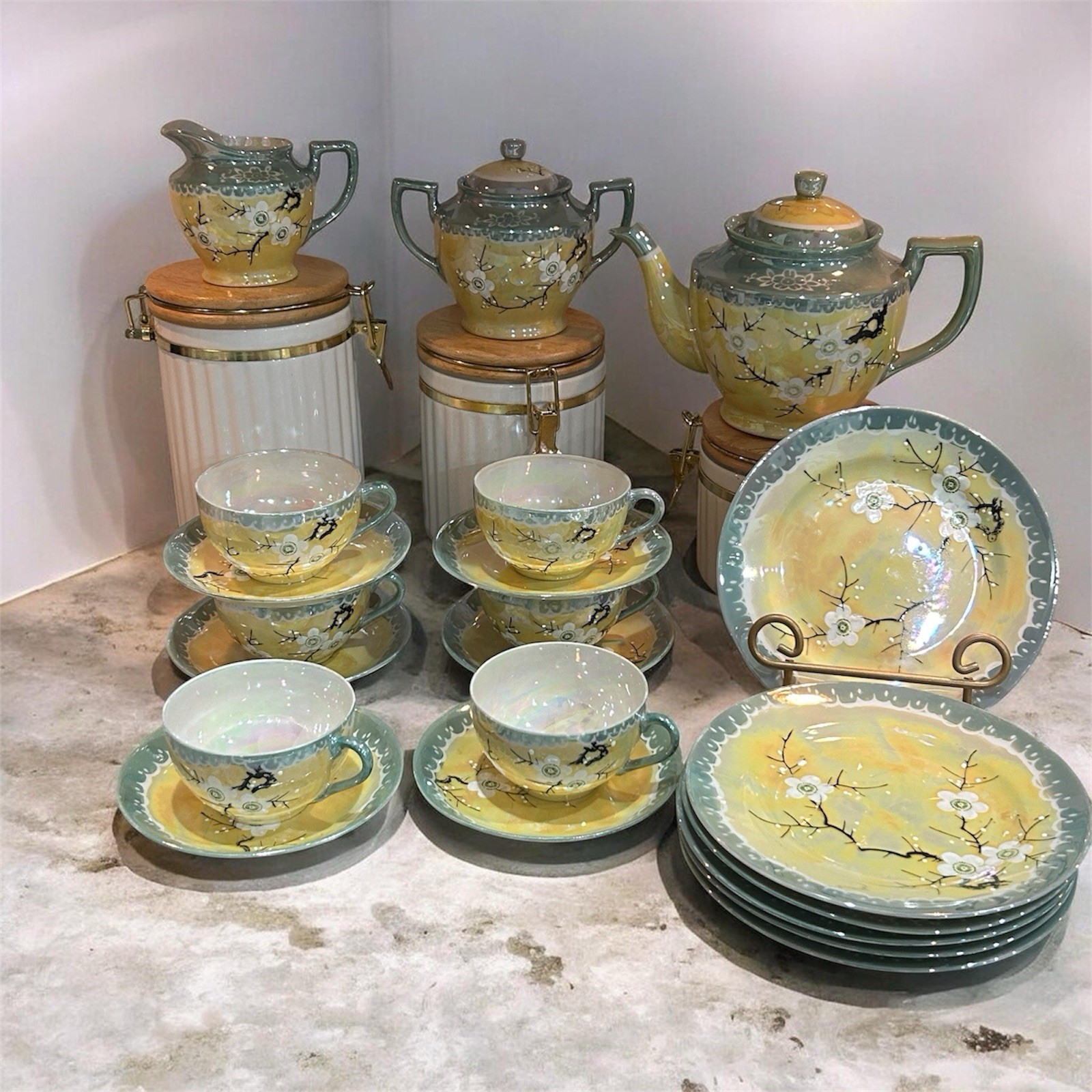 Vintage Takito Japan Lusterware Cherry Blossom Green And Yellow Teaset 21 Pieces