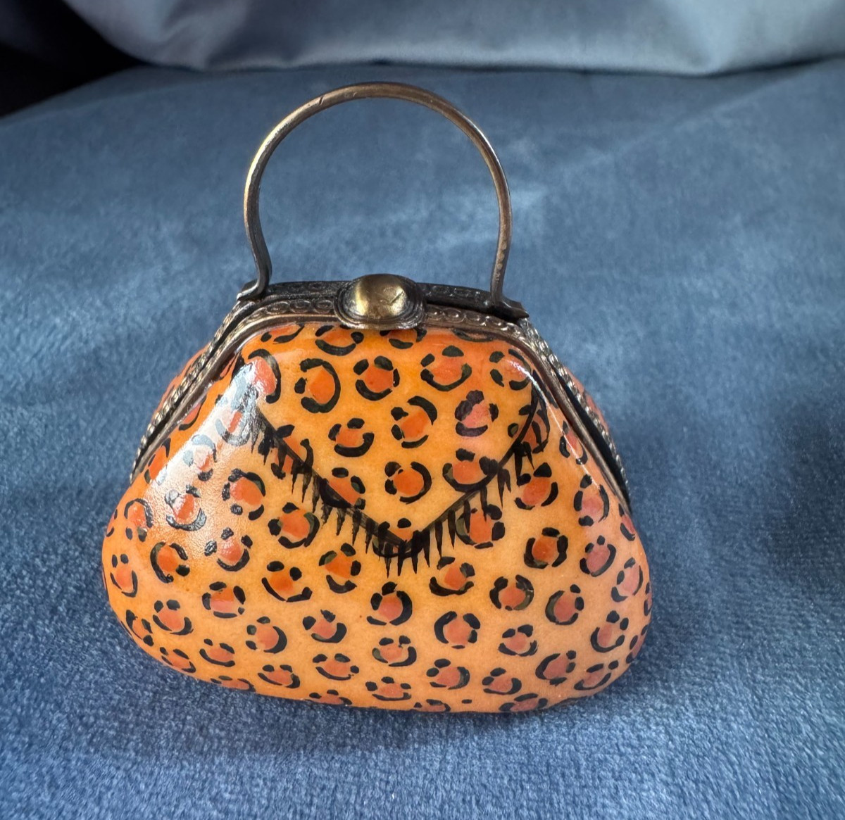 Chanille Limoges France Trinket Box Peint Main Leopard Purse LE #56