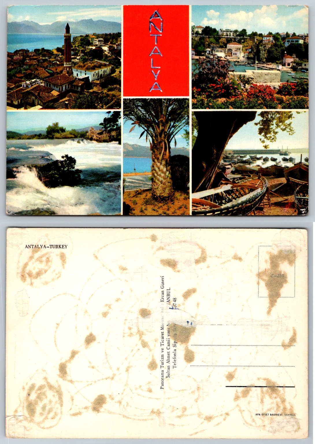Vintage Antalya Turkey Multi-View Postcard Kalekapısı Düden Waterfalls Harbor