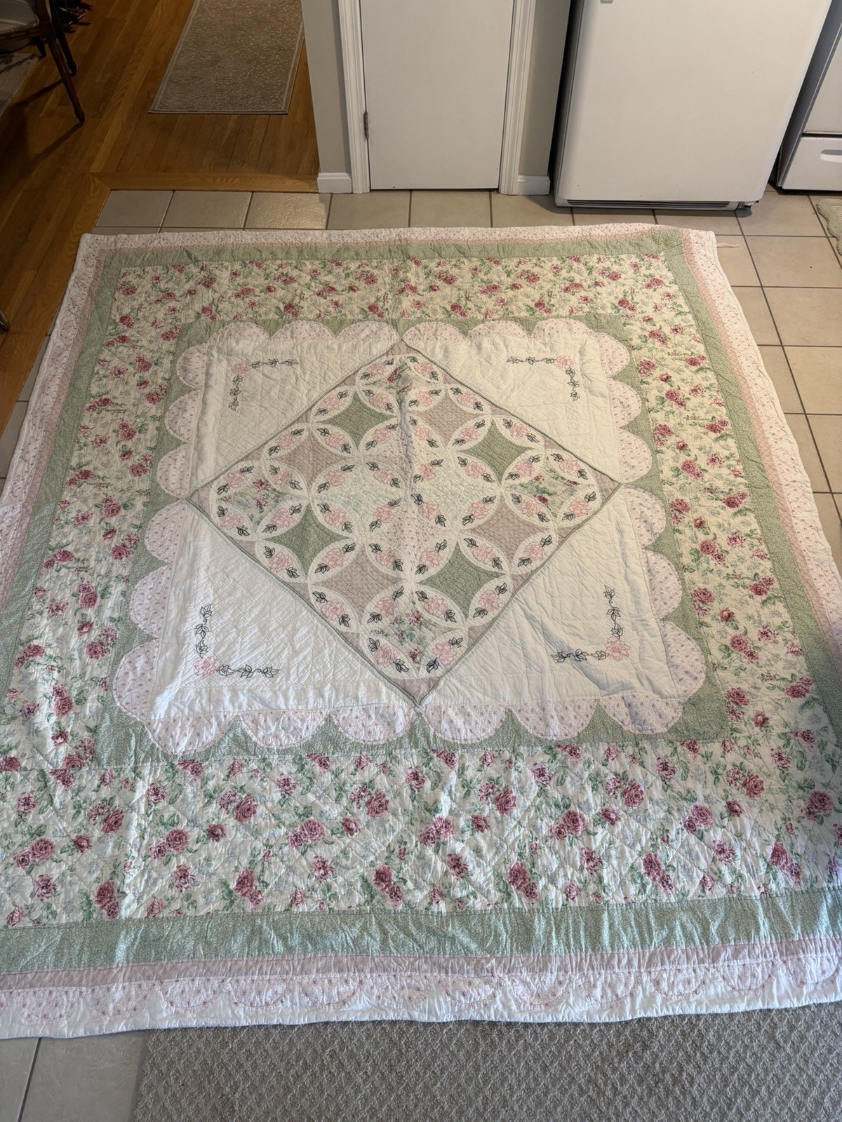 Vintage Cotton Claire Murray Nantucket Rose Sage Green Pink Quilt King Queen