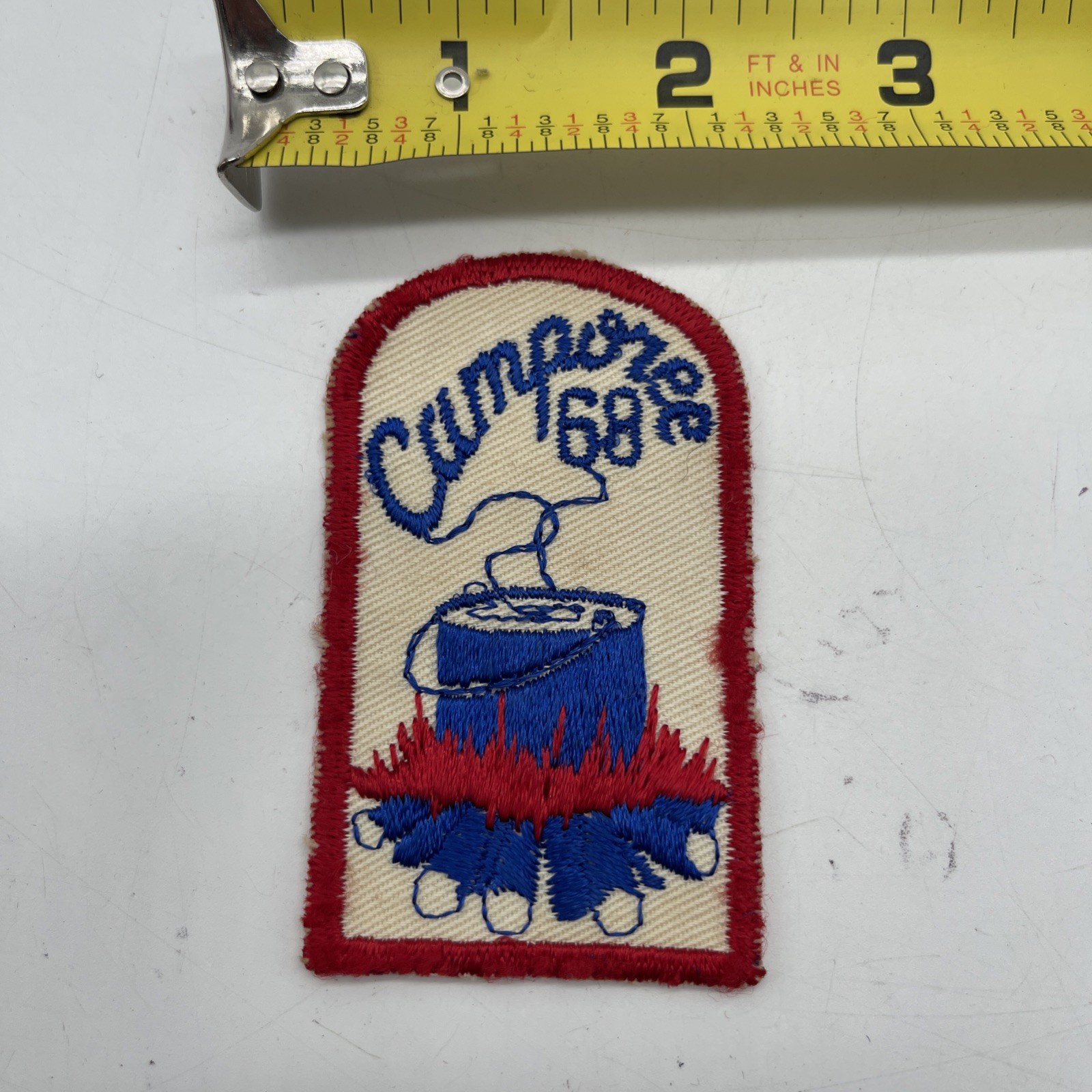 Vintage 1968 Boy Scout Camporee Patch 2x3” BSA Cut Edge Red Blue Generic Issued