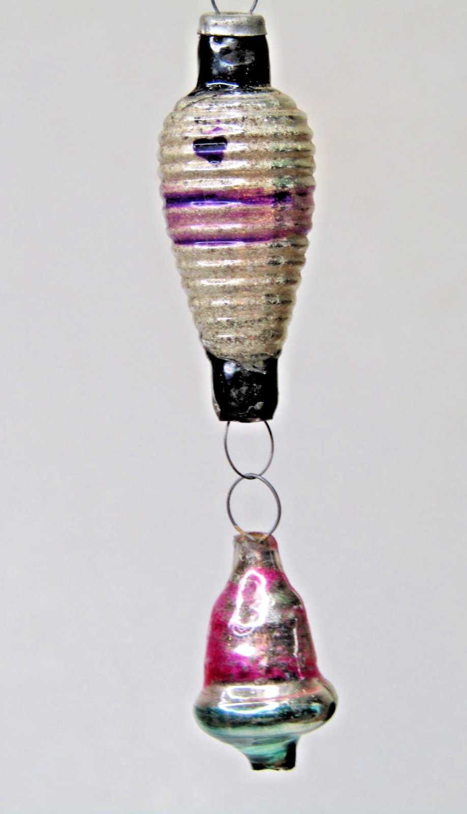 VTG Glass Ribbed LANTERN w BELL Mini Feather Tree Christmas Ornament Japan PURPL