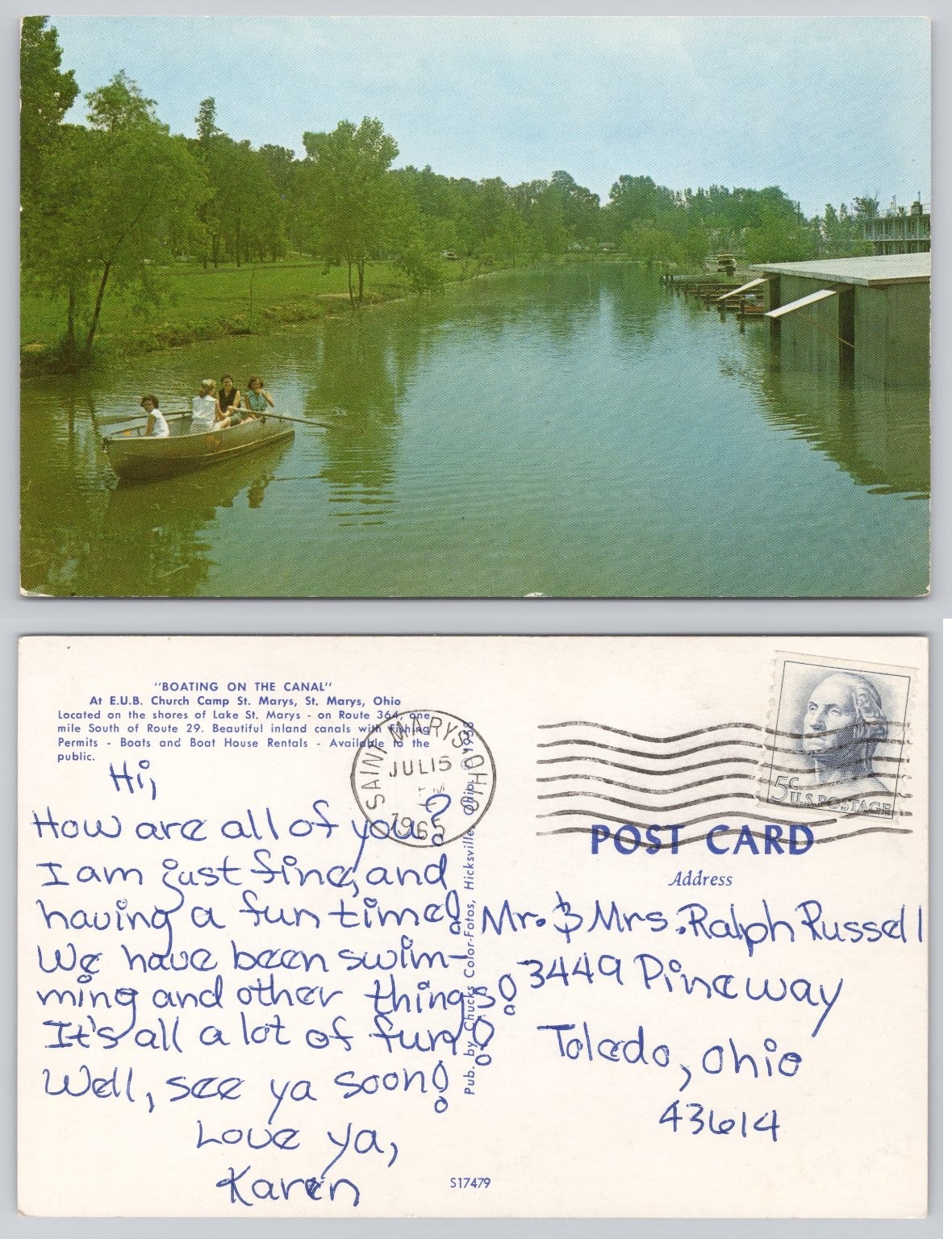 Vintage Postcard Boating on Canal St. Marys Ohio E.U.B. Church Camp 1960s