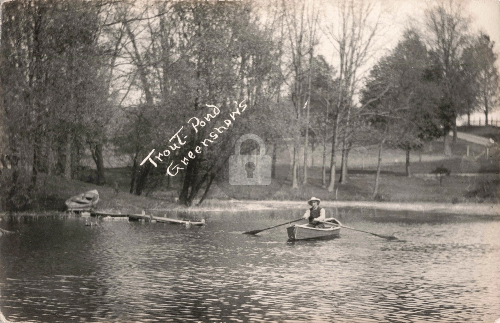 Trout Pond, Greenshaw's Landing, Hanover MI 1912 RPPC Photo Postcard COPY