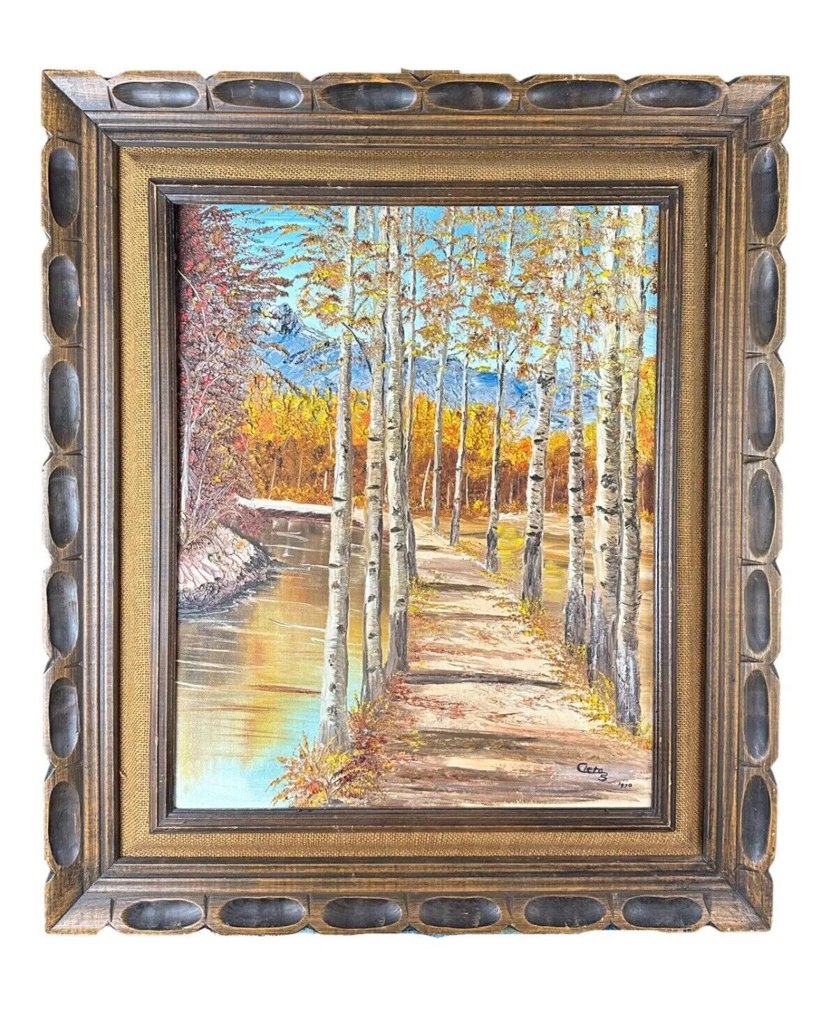 CIETAS Vintage (1970's) Abstract Landscape Oil Painting in Carved Wood Frame