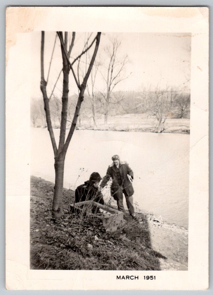 Vtg B&W Snapshot Two Men Winter Coats Outdoors River Bank March 1951 Vtg B&W Snapshot Two Men Winter Coats Outdoors River Bank March 1951