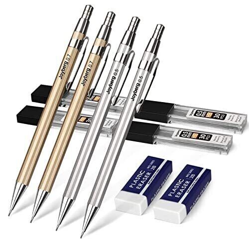 4 Pack Metal Mechanical Pencil 0.5mm 0.7mm Lead Pencil with 30 HB Lead Refills
