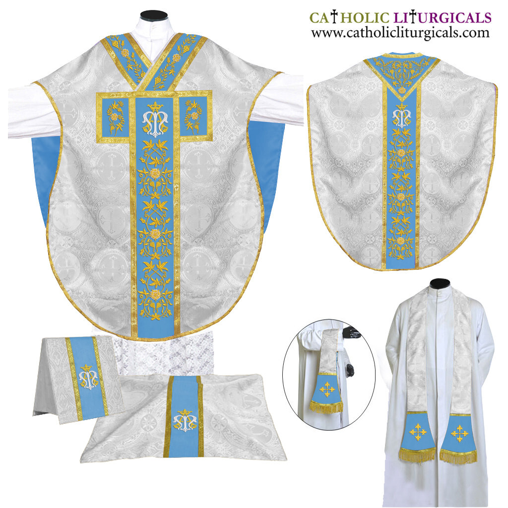 METALLIC SILVER Chasuble St. Philip Neri Style Vestment & Mass Set AM Embroidery