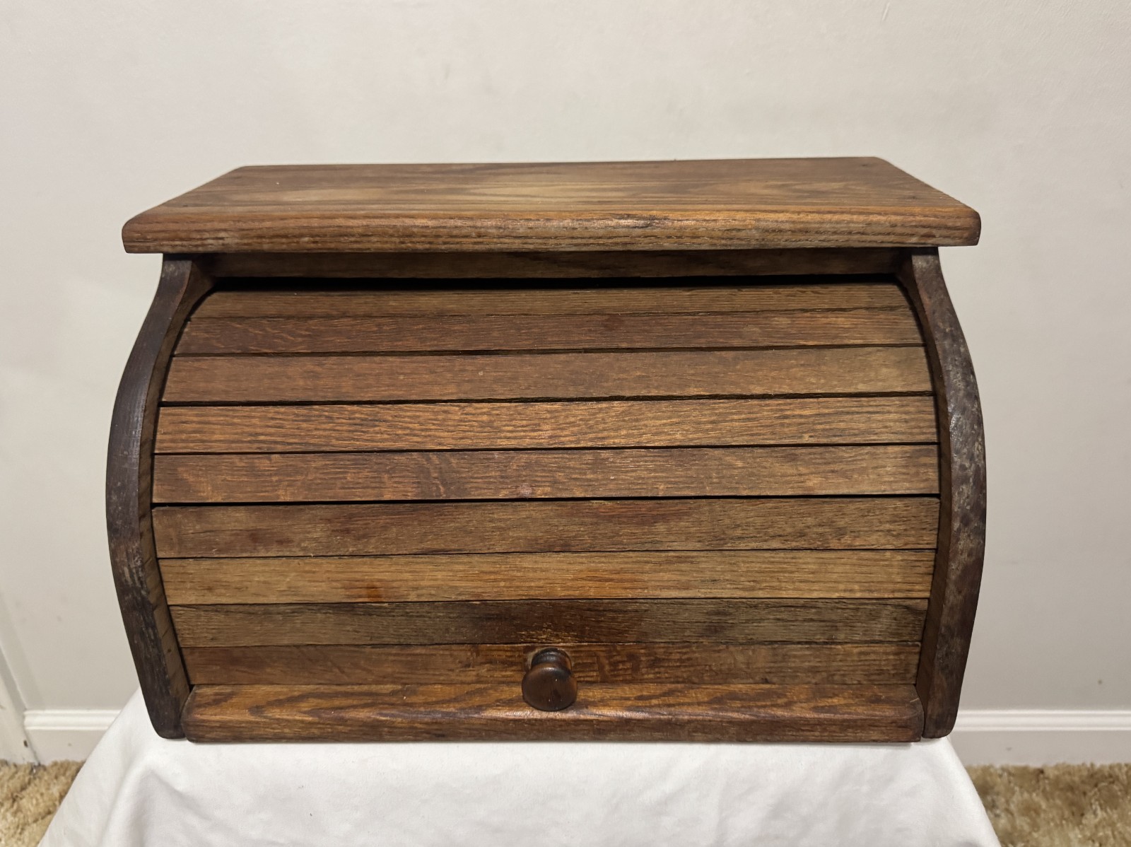 Vintage Wooden Roll Top Bread Box Rustic Farmhouse Kitchen Counter Storage