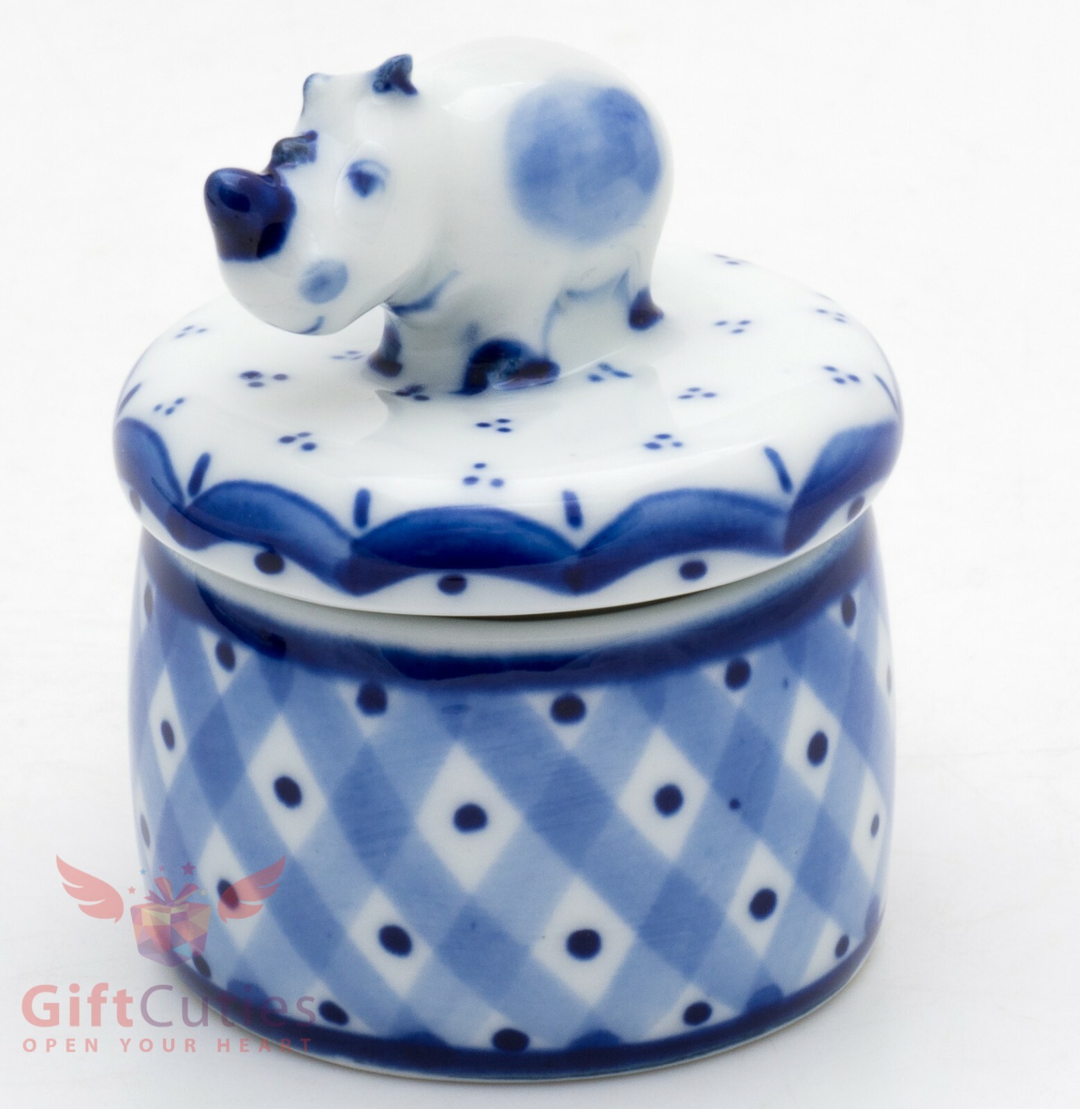 Beautiful Gzhel Porcelain trinket Box w rhino Rhinoceros Figurine hand painted Beautiful Gzhel Porcelain trinket Box w rhino Rhinoceros Figurine hand painted