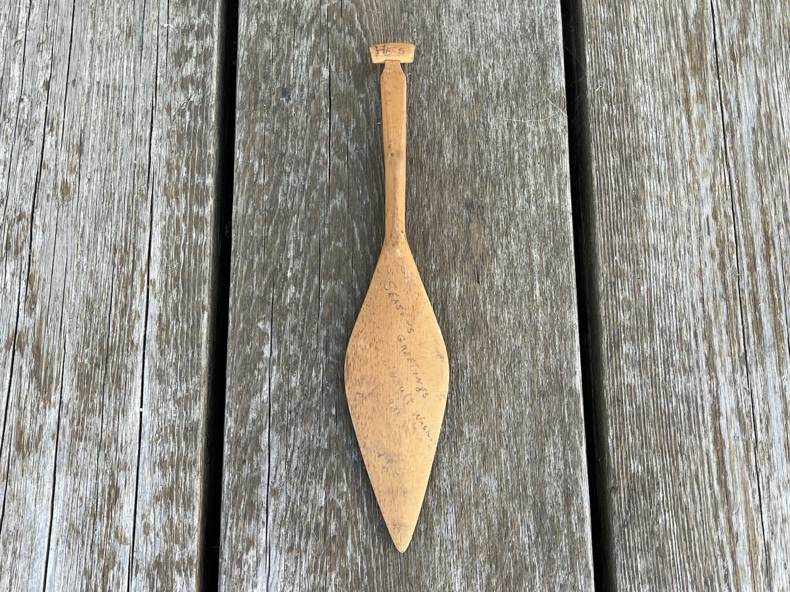 NW Coast QUINAULT Native Hand Carved Cedar Wooden Dance Paddle “Greetings” 1931