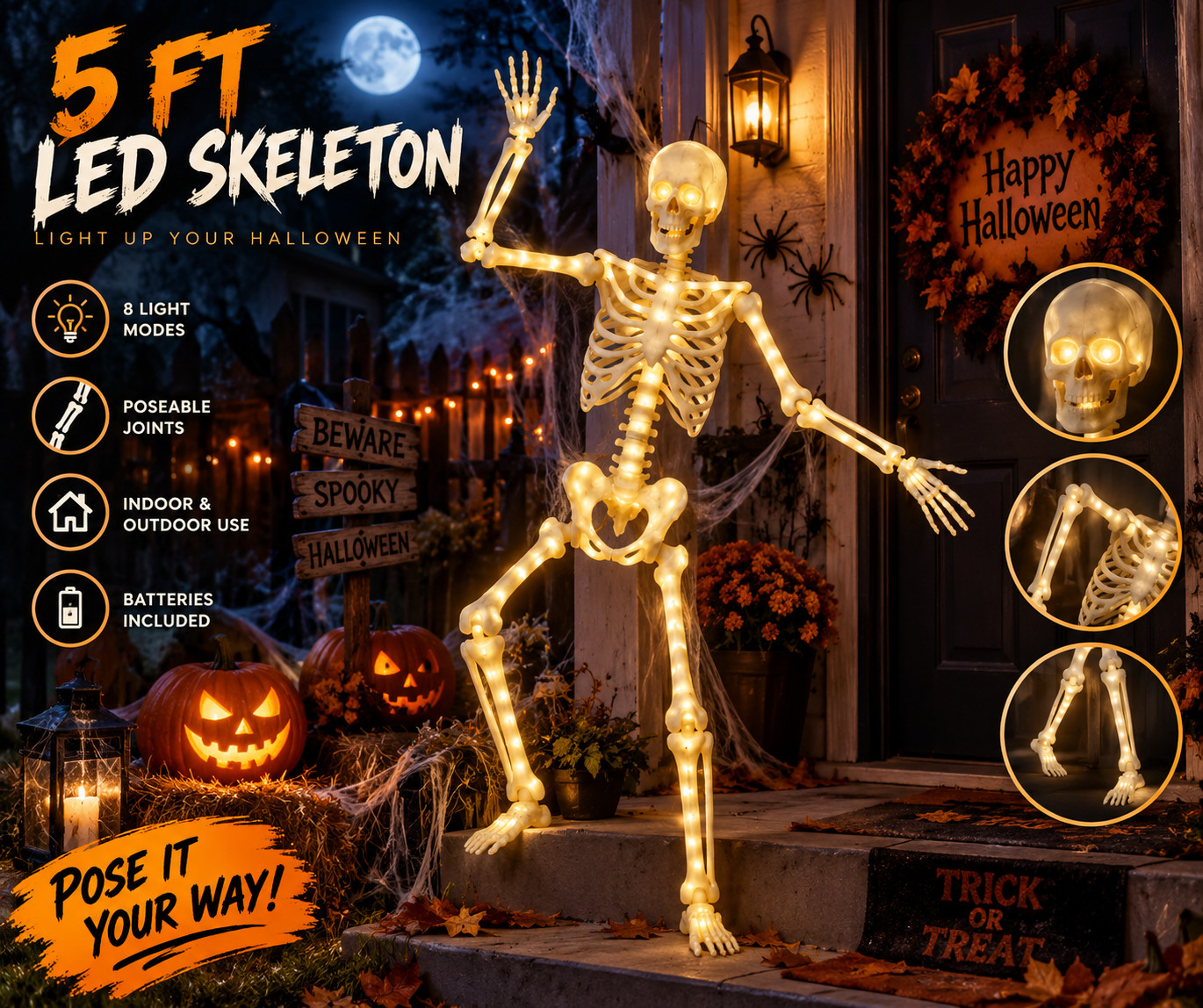 5FT LED Lighted Skeleton Halloween Decoration Poseable Bone Figure