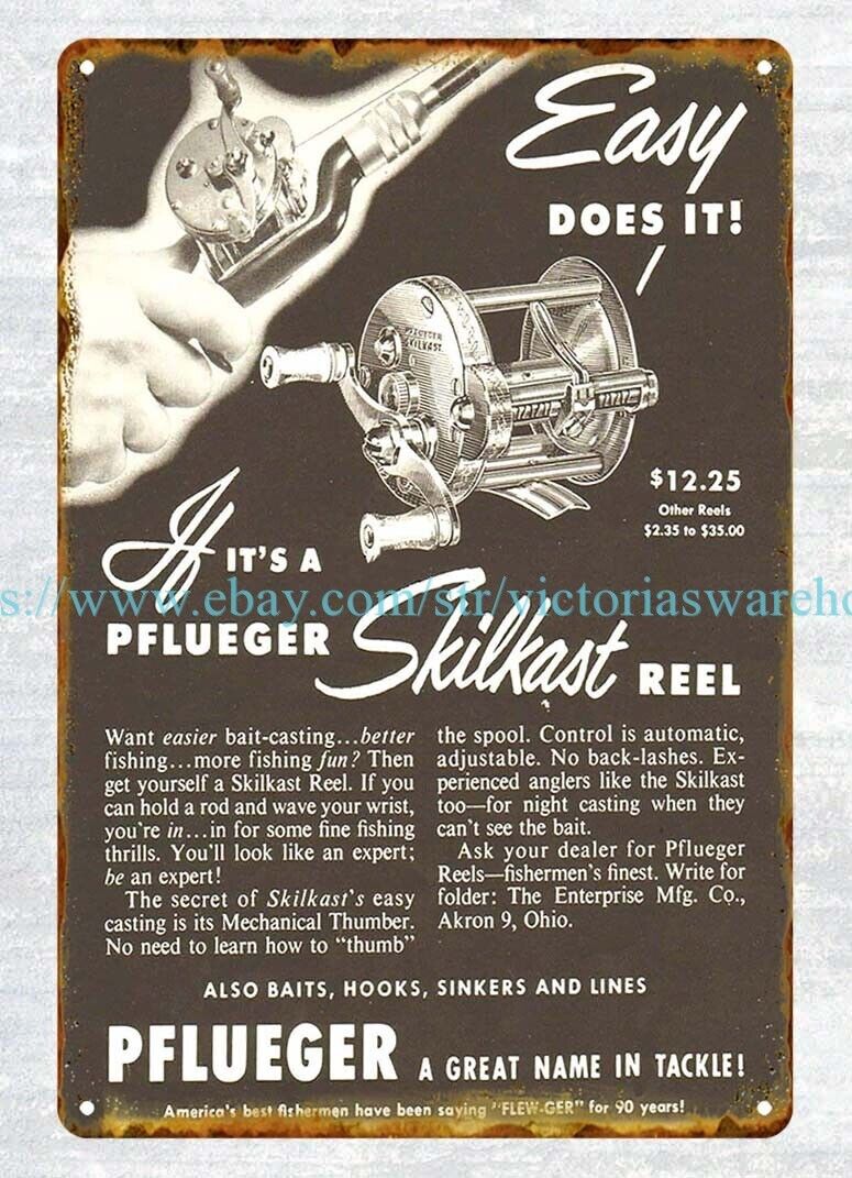 1954 Pflueger Skilkast Reel Fishing Tackle metal tin sign dorm room buy posters