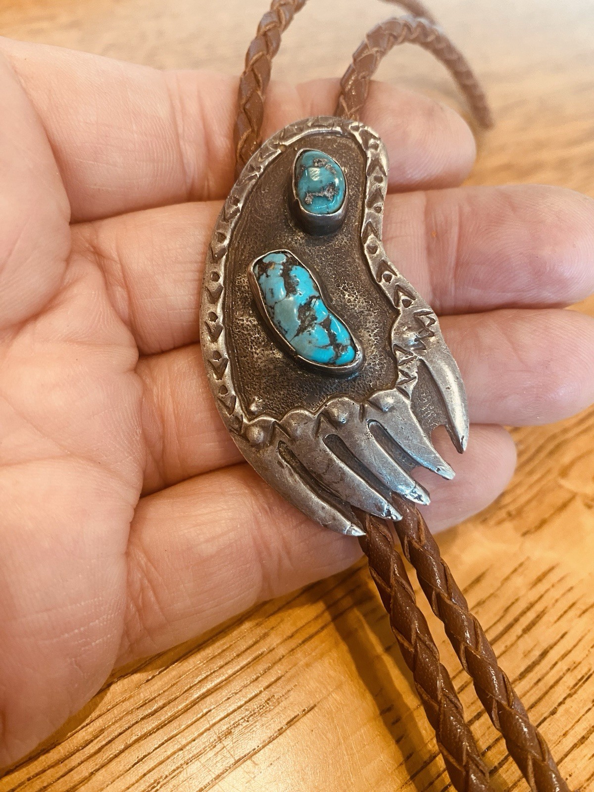 Sterling Silver Hopi Old Pawn Royston Turquoise Bear Badger Paw Bolo Necklace