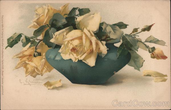 C. Klein Still Life-Vase with Yellow Roses Postcard Vintage Post Card