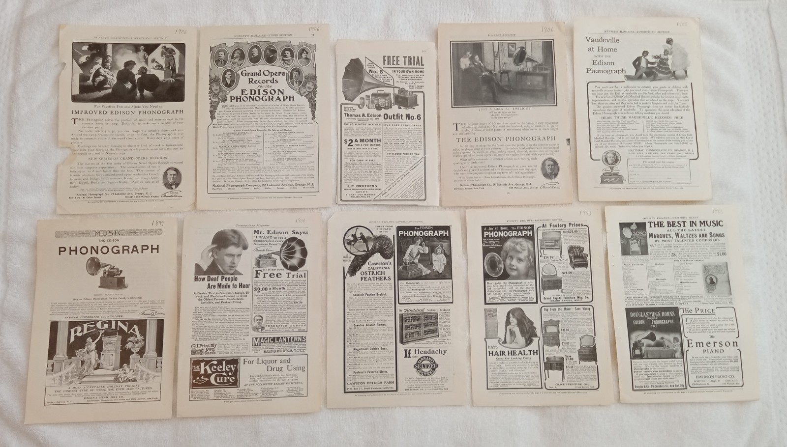 Lot of 10 Original 1899-1906 Edison Phonograph Magazine Ads Munsey\'s + Others