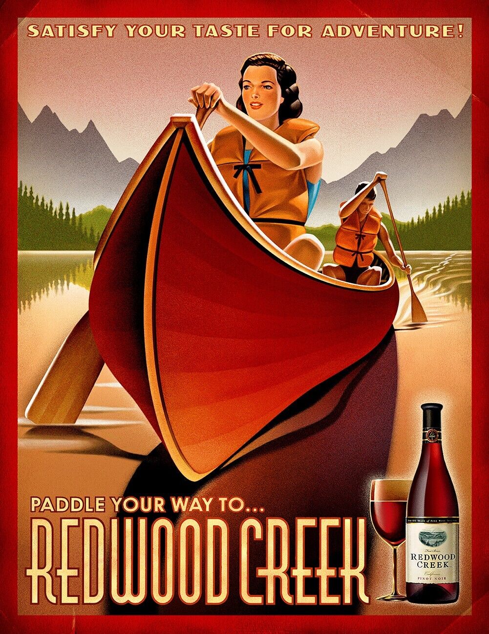18 x 24 Redwood Creek WINE POSTER Art Advertising Canoe Paddle Outdoors Retro