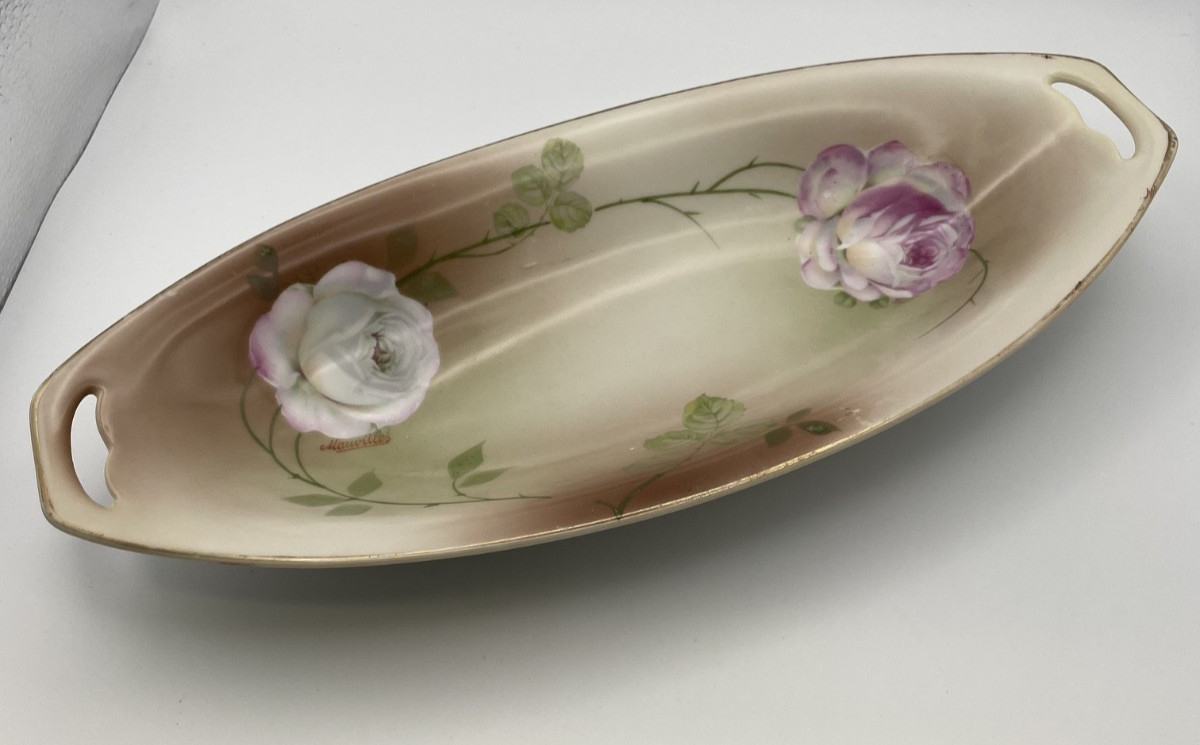 Antique PSAG Schonwald German Porcelain Hand Painted Roses Serving Dish -Cottage
