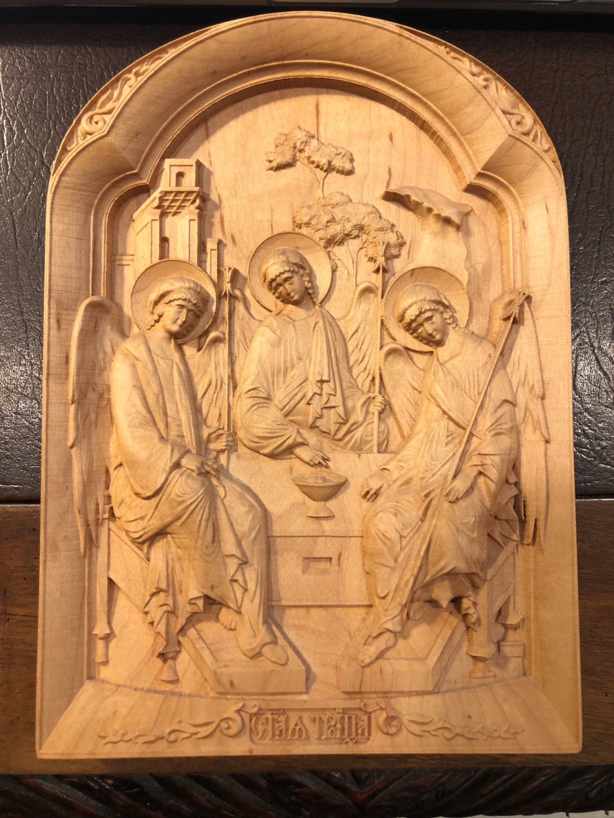 Holy Trinity / Hospitality of Abraham Icon Carved Solid Maple OUT OF PRODUCTION Holy Trinity / Hospitality of Abraham Icon Carved Solid Maple OUT OF PRODUCTION