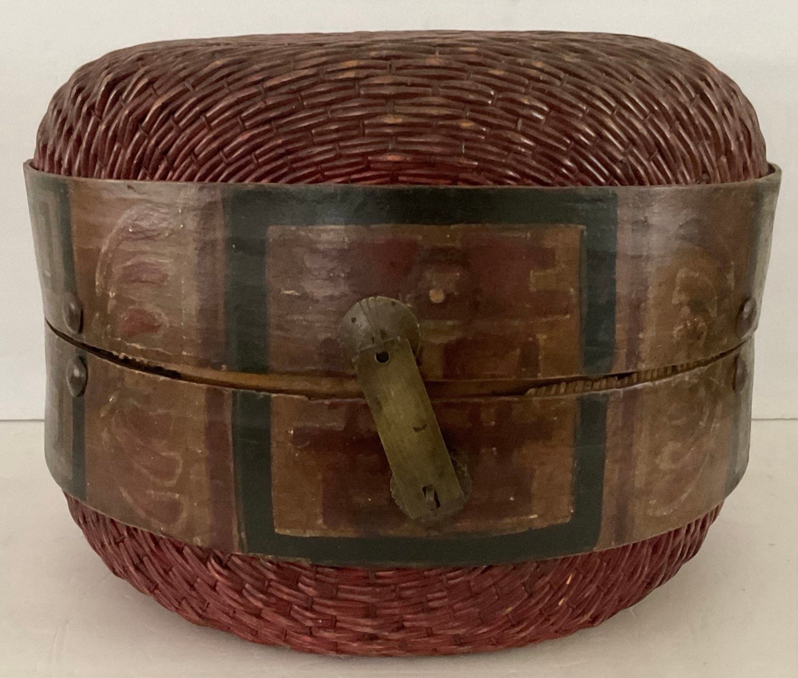 Chinese Vintage Woven Basket Hat Box In Gorgeous Red Tone