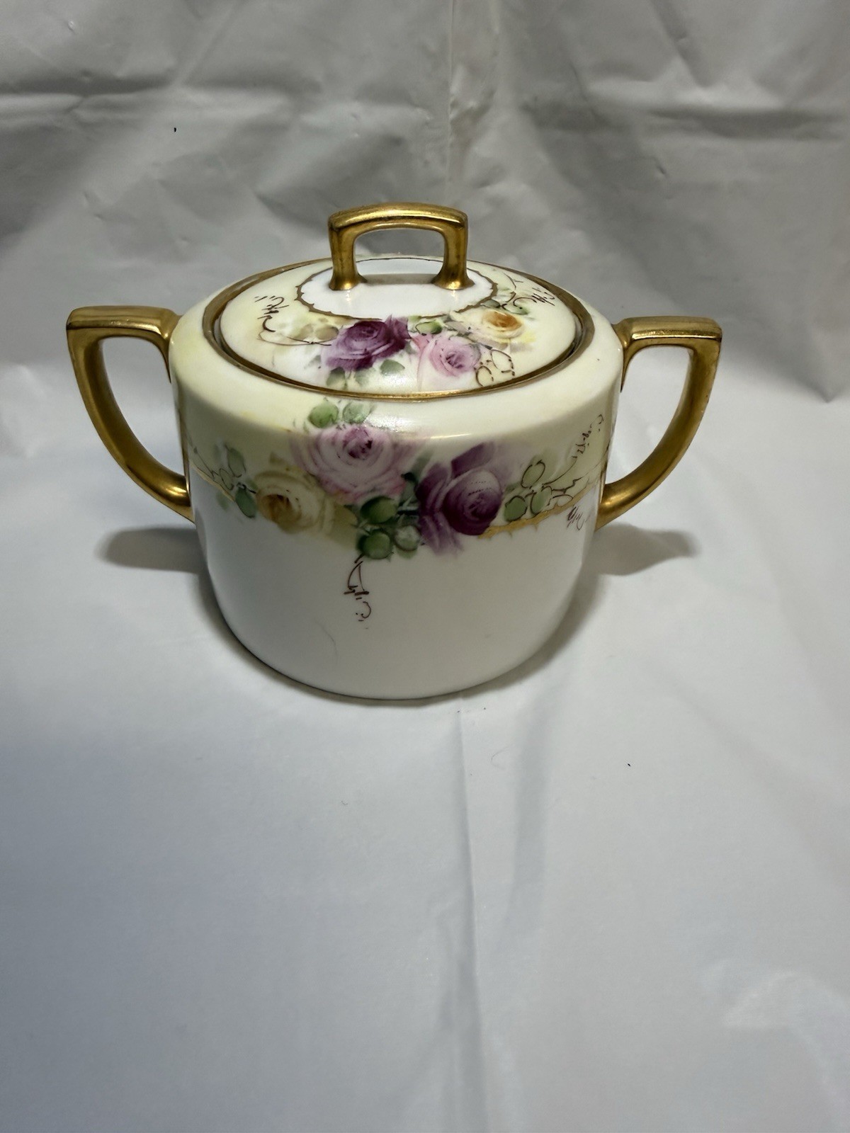 Antique MZ Austria Mortiz Zdekauer Covered Sugar Bowl Hand Painted Roses Gold