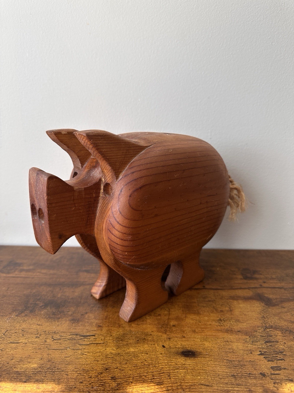 Vintage MCM Folk Art Wooden Piggy Bank Solid Wood Layered Block Sculpture Pig