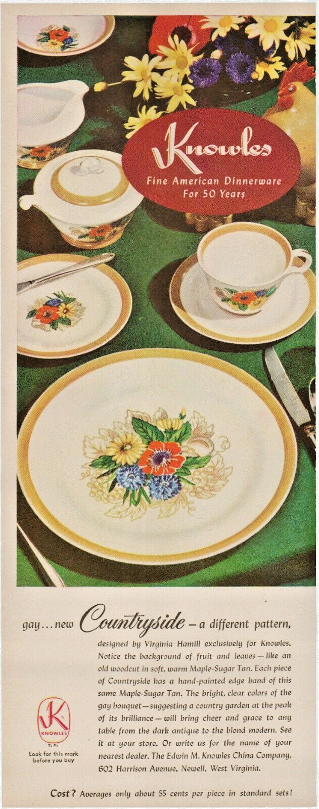 1949 Knowles Fine American Dinnerware Countryside Pattern Cups Vintage Print Ad