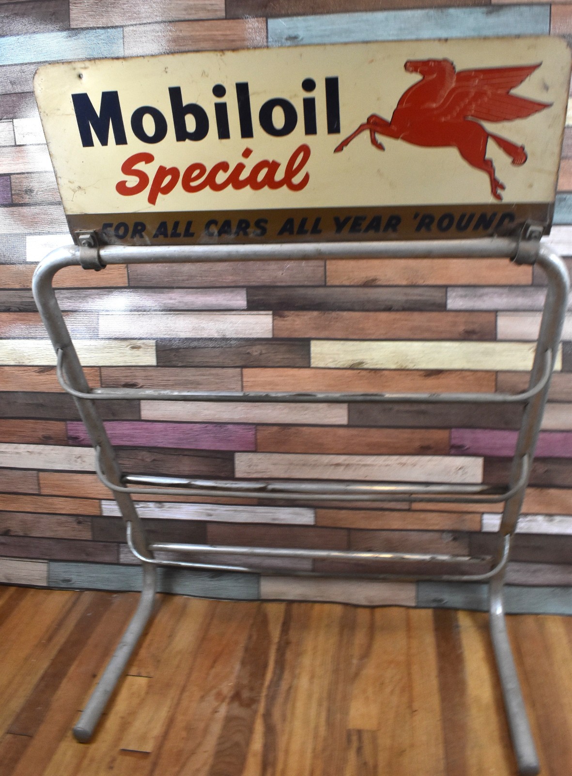 Vintage Mobiloil Special Mobil Pegasus Display Rack Motor Oil Can Stand Sign